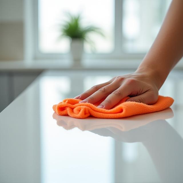 Close up of a professional cleaner finishing a high-gloss surface