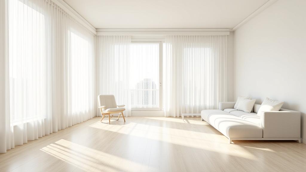 A bright, minimalist home interior with soft sunlight and a sense of fresh air flow