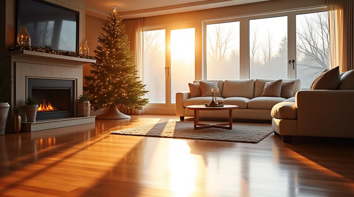 Stunning holiday living room with sparkling clean surfaces and warm decorations