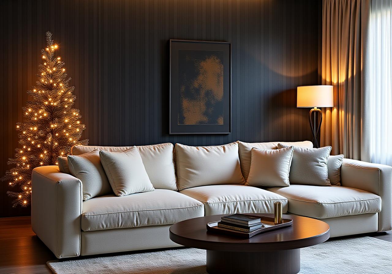 A perfectly staged holiday living room with warm lighting and crisp linens
